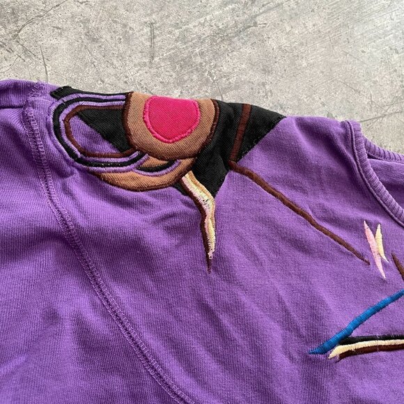 Vintage 80s Embroidered Geometric Patch Graphic Long Sleeve Shirt Purple S/M - Picture 2 of 12